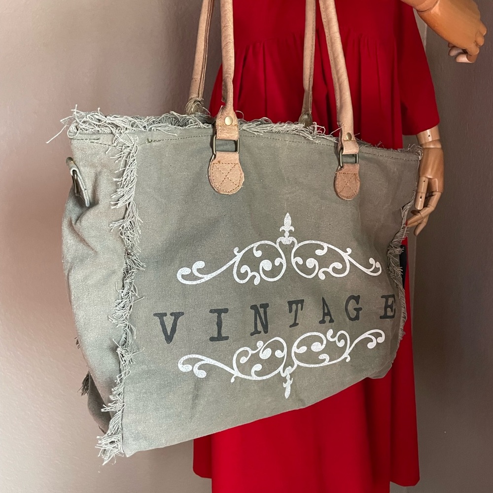 Canvas large tote bag fringed Vintage Addiction